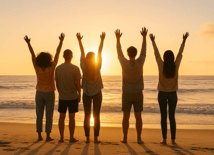 Motivation: Fünf Menschen am Strand beim Sonnenaufgang mit erhobenen Armen – motivierende Gruppenstimmung