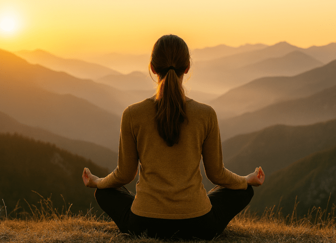 Mindset & Selbstwirksamkeit: Inspirationsmotiv mit meditierender Frau in den Bergen