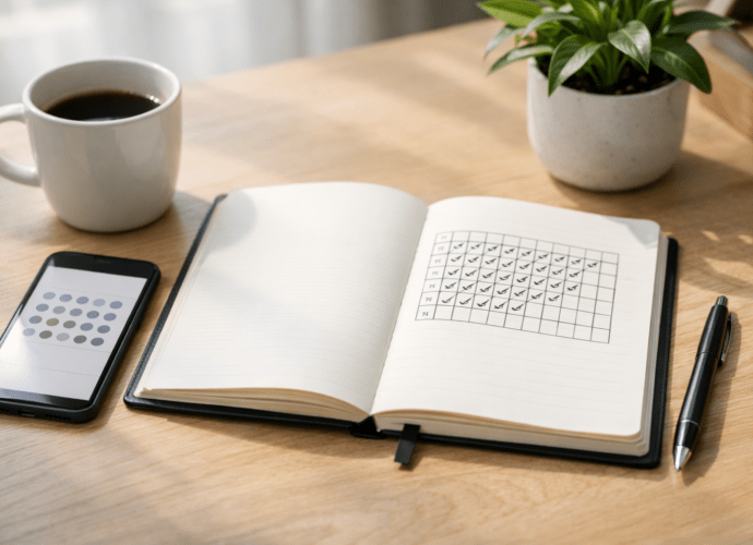 Habit-Tracking und 30-Tage-Challenges mit Notizbuch und Habit-Tracker auf modernem Schreibtisch