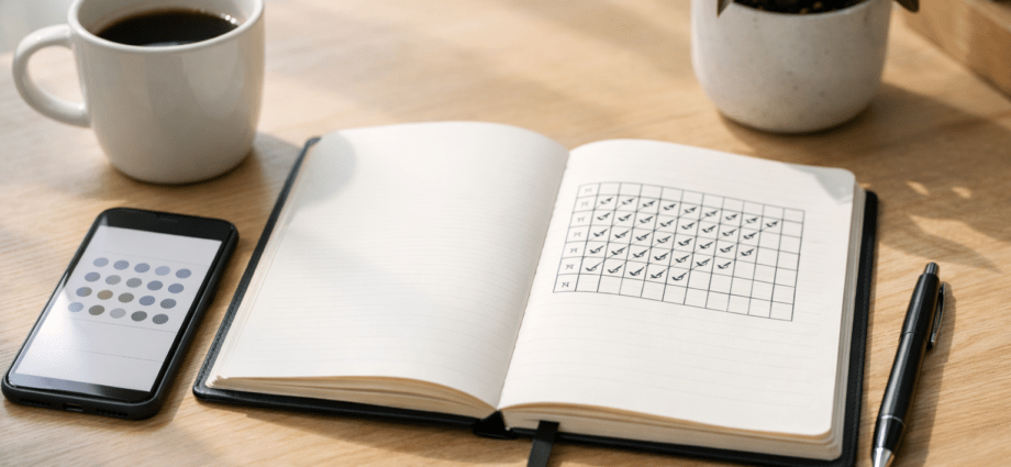 Habit-Tracking und 30-Tage-Challenges mit Notizbuch und Habit-Tracker auf modernem Schreibtisch