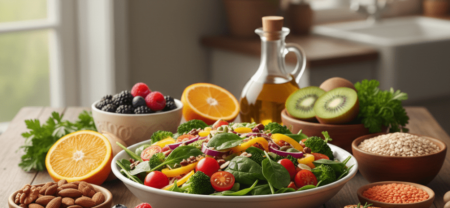 Bunte Auswahl an nährstoffreichen Lebensmitteln für eine gute Ernährung Aufnahme von Mikronährstoffen.