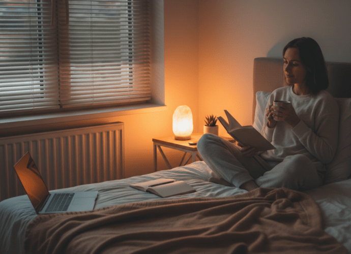 Eine Frau sitzt entspannt im Bett, liest ein Buch und trinkt Tee bei warmem Licht einer Salzlampe – Symboldbild für eine gesunde Abendroutine.
