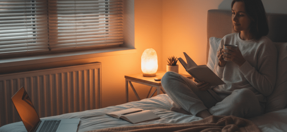 Eine Frau sitzt entspannt im Bett, liest ein Buch und trinkt Tee bei warmem Licht einer Salzlampe – Symboldbild für eine gesunde Abendroutine.