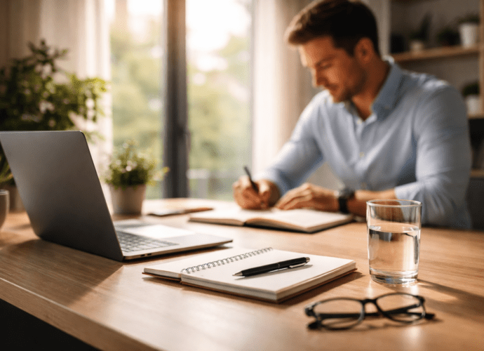 Selbstmotivation im Job an modernem Arbeitsplatz mit Laptop und Notizen