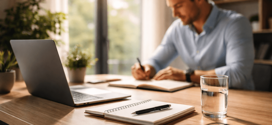 Selbstmotivation im Job an modernem Arbeitsplatz mit Laptop und Notizen