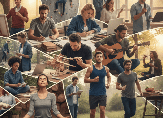 Collage verschiedener Personen, die Methoden zur Selbstmotivation anwenden, wie Sport, Meditation, konzentriertes Arbeiten und kreative Hobbys.