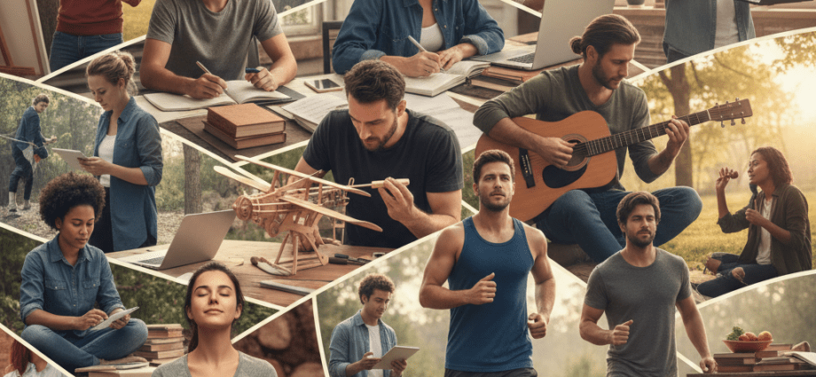 Collage verschiedener Personen, die Methoden zur Selbstmotivation anwenden, wie Sport, Meditation, konzentriertes Arbeiten und kreative Hobbys.