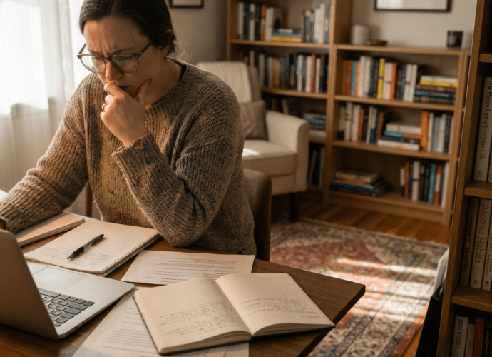 Eine Frau sitzt bei reduziertem Lich an ihrem Schreibtisch und denkt über Selbstsabotage nach.