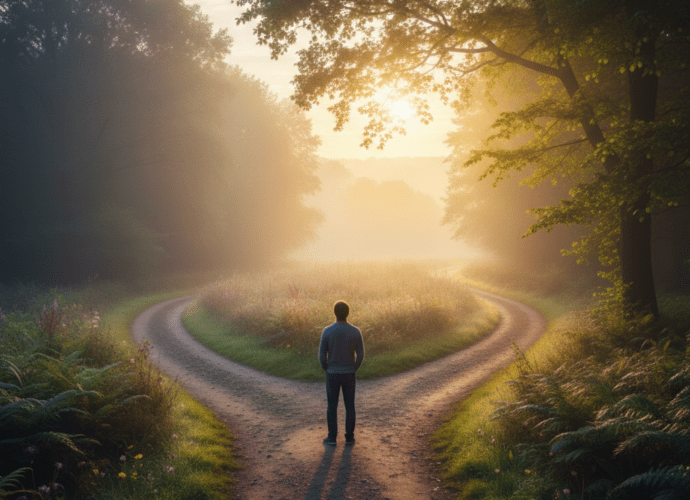 Ein Symbolbild zur Abgrenzung Demotivation vs Krankheit mit einer Person an einem hellen Waldweg.