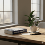 Das Buch Atomic Habits von James Clear liegt auf einem Holztisch neben einer dampfenden Kaffeetasse – Rezension der 1-Prozent-Methode.