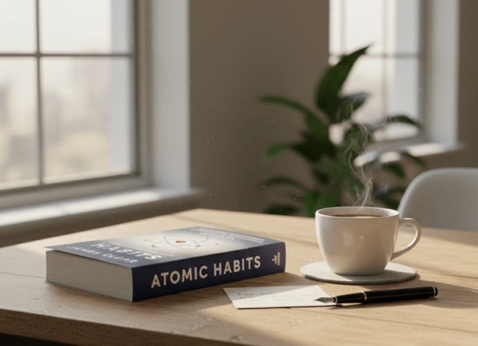 Das Buch Atomic Habits von James Clear liegt auf einem Holztisch neben einer dampfenden Kaffeetasse – Rezension der 1-Prozent-Methode.
