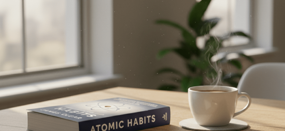 Das Buch Atomic Habits von James Clear liegt auf einem Holztisch neben einer dampfenden Kaffeetasse – Rezension der 1-Prozent-Methode.