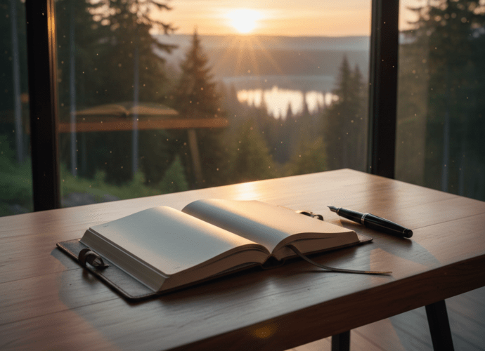 Ein aufgeschlagenes Buch auf einem Schreibtisch vor einem Sonnenaufgang als Symbol für die 7 Wege zur Effektivität.