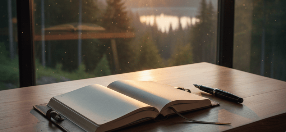 Ein aufgeschlagenes Buch auf einem Schreibtisch vor einem Sonnenaufgang als Symbol für die 7 Wege zur Effektivität.