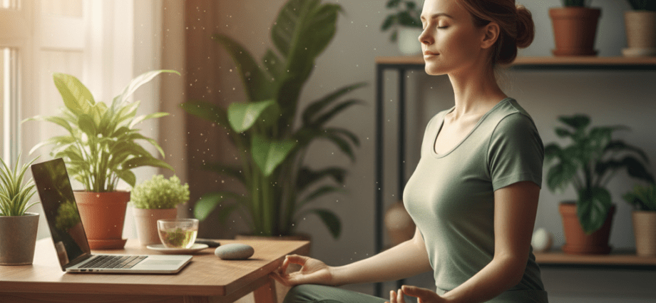 Eine Person praktiziert digitale Achtsamkeit am Schreibtisch für bessere Konzentration.