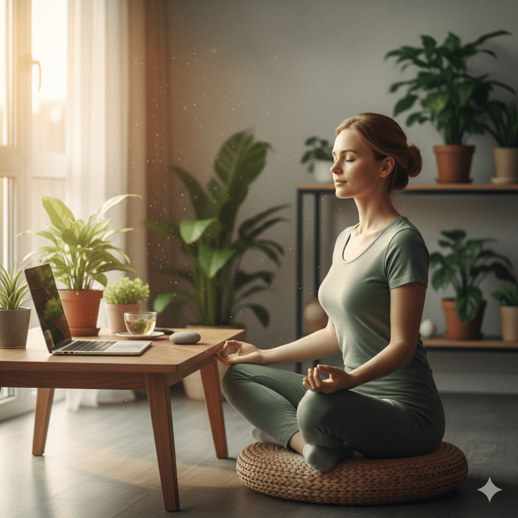 Eine Person praktiziert digitale Achtsamkeit am Schreibtisch für bessere Konzentration.