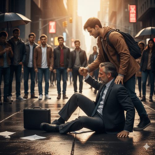Ein junger Mann hilft einem gestürzten Geschäftsmann in einer belebten Stadtmitte beim Aufstehen – Sinnbild für Erfolgsgeschichten, Alltagshelden und Hilfsbereitschaft