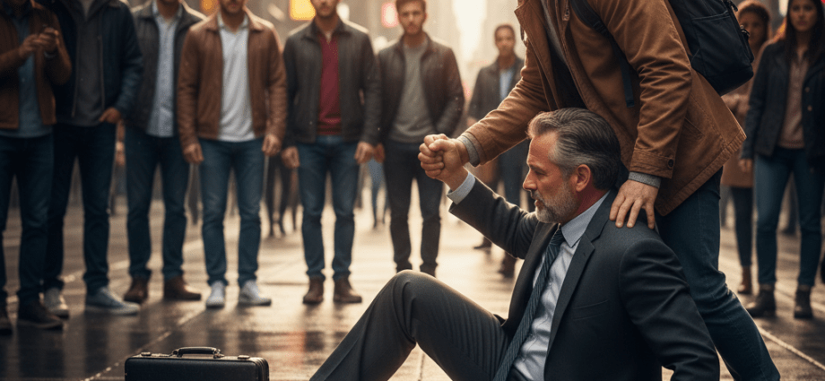 Ein junger Mann hilft einem gestürzten Geschäftsmann in einer belebten Stadtmitte beim Aufstehen – Sinnbild für Erfolgsgeschichten, Alltagshelden und Hilfsbereitschaft