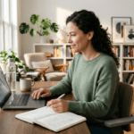 Eine fokussierte Person arbeitet in einem modernen Büro bei goldenem Sonnenlicht und zeigt Flow im Beruf..