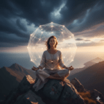 Eine Frau meditiert auf einem Berg, umgeben von einem schützenden Lichtfeld als Symbol für die Kunst der gesunden Abgrenzung.