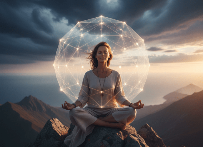 Eine Frau meditiert auf einem Berg, umgeben von einem schützenden Lichtfeld als Symbol für die Kunst der gesunden Abgrenzung.