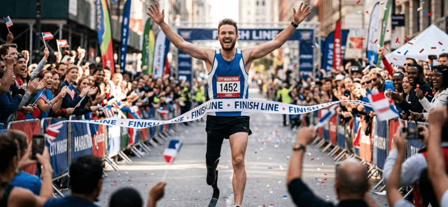 Eine triumphierende Person mit Sportprothese bei einem Stadtrennen als Symbol für inspirierende Comeback-Stories.