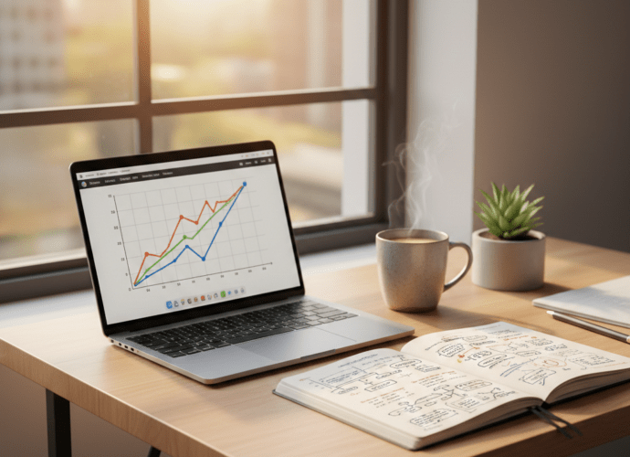 Hell erleuchteter Arbeitsplatz eines Studenten zur Steigerung der Lernmotivation.