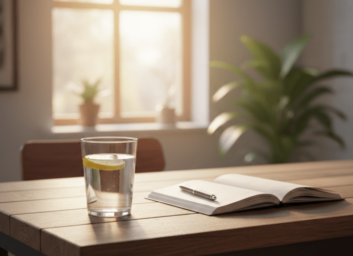 Ein Glas Wasser mit Zitrone und ein Notizbuch im hellen Sonnenlicht für maximale Motivation am Morgen.