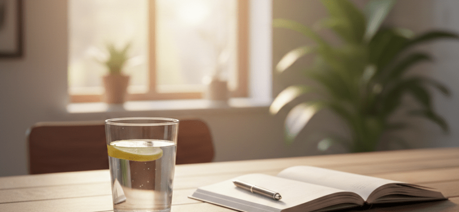 Ein Glas Wasser mit Zitrone und ein Notizbuch im hellen Sonnenlicht für maximale Motivation am Morgen.