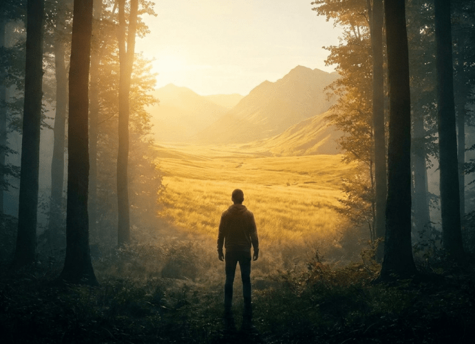 Eine Person blickt aus dem Schatten in ein lichtdurchflutetes Tal als Symbol für Motivation bei großen Sorgen.