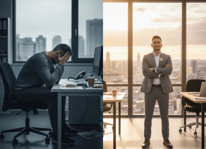 Ein geteiltes Bild eines Mannes im Büro: Links nachdenklich nach einer Niederlage, rechts motiviert und erfolgreich nach dem Neustart.