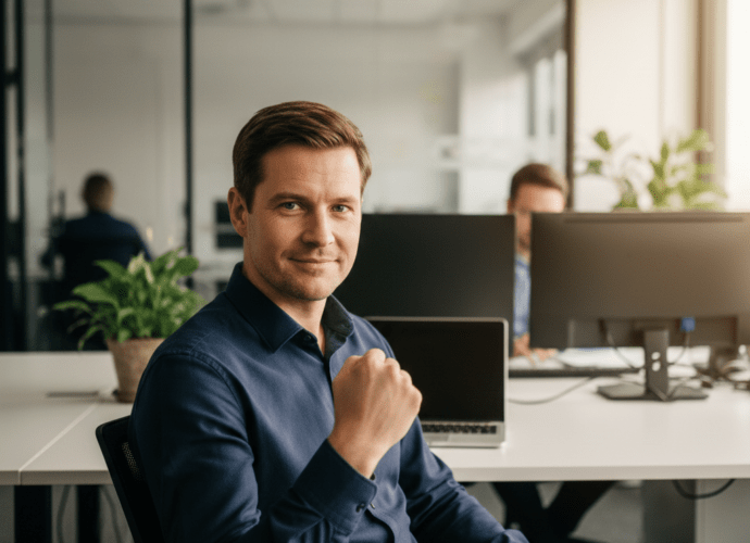 Ein Mann im Büro zeigt die Becker-Faust als Symbol für Erfolg durch intrinsische Motivation.