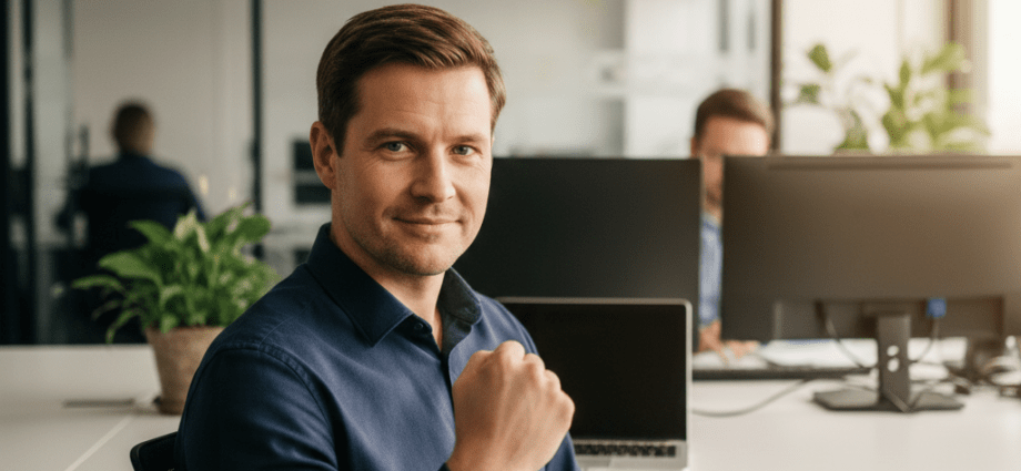 Ein Mann im Büro zeigt die Becker-Faust als Symbol für Erfolg durch intrinsische Motivation.