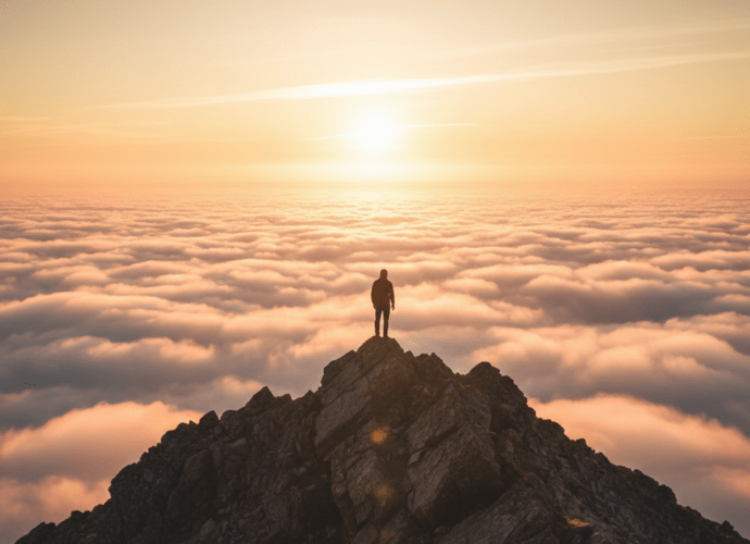 Ein Mensch steht bei Sonnenaufgang auf einem Berggipfel und blickt über die Wolken – Symbol für Motivationszitate und Perspektive.