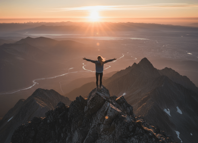 Nachlassende Motivation: Eine Person genießt den Ausblick auf dem Gipfel bei Sonnenaufgang als Symbol für wiedergewonnene Motivation.