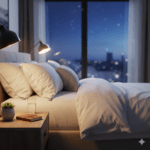 Ein ruhig gestaltetes Schlafzimmer mit weichem Licht und einem aufgeräumten Nachttisch als Symbol für guten Schlaf und Schlafhygiene.