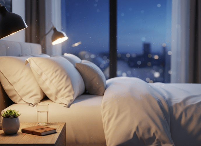 Ein ruhig gestaltetes Schlafzimmer mit weichem Licht und einem aufgeräumten Nachttisch als Symbol für guten Schlaf und Schlafhygiene.