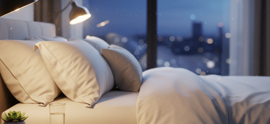 Ein ruhig gestaltetes Schlafzimmer mit weichem Licht und einem aufgeräumten Nachttisch als Symbol für guten Schlaf und Schlafhygiene.