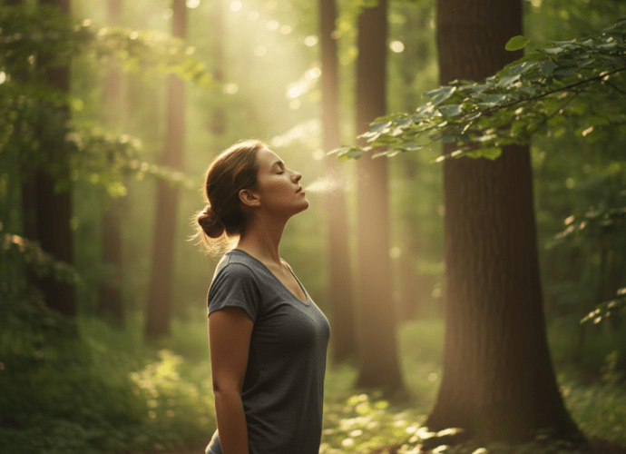 Eine Person entspannt sich im Wald durch tiefes Einatmen – Symbol für Stressmanagement & Erholung.