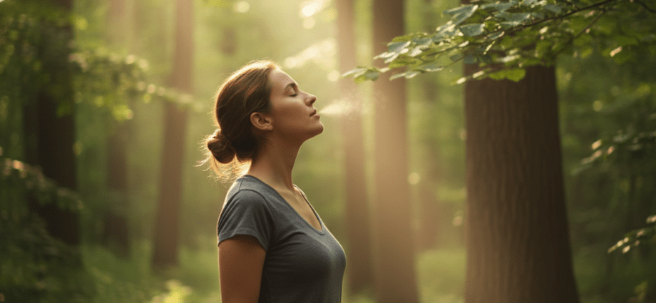 Eine Person entspannt sich im Wald durch tiefes Einatmen – Symbol für Stressmanagement & Erholung.