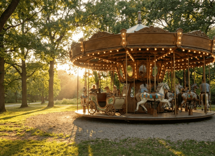 Ein prachtvolles, leuchtendes Karussell im Sonnenuntergang als Symbol für das Werte-Karussell in der Motivation.