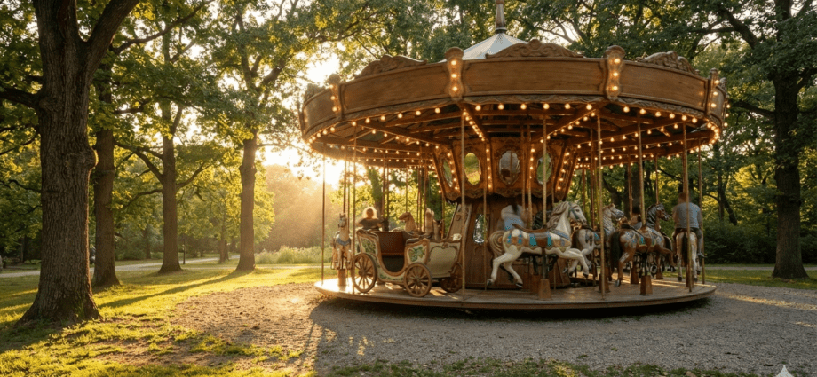 Ein prachtvolles, leuchtendes Karussell im Sonnenuntergang als Symbol für das Werte-Karussell in der Motivation.