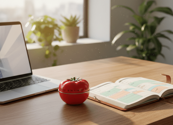 Ein organisierter Arbeitsplatz mit einem analogen Pomodoro-Timer und einem Time-Blocking-Planer für maximale Produktivität und perfektes Zeitmanagement.