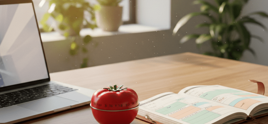 Ein organisierter Arbeitsplatz mit einem analogen Pomodoro-Timer und einem Time-Blocking-Planer für maximale Produktivität und perfektes Zeitmanagement.
