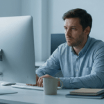 Ein demotivierter Mann sitzt mit hängenden Schultern und müdem Gesichtsausdruck am Schreibtisch vor seinem Monitor.