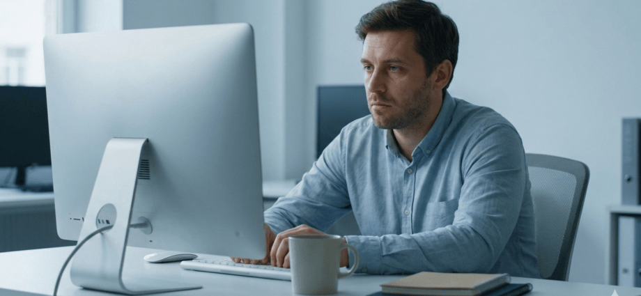 Ein demotivierter Mann sitzt mit hängenden Schultern und müdem Gesichtsausdruck am Schreibtisch vor seinem Monitor.