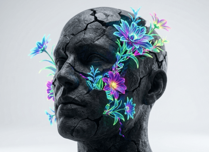 Eine aufbrechende Steinskulptur aus der leuchtendes Leben wächst, als Symbol für innere Blockaden lösen.