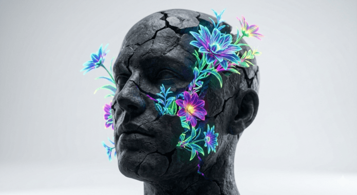 Eine aufbrechende Steinskulptur aus der leuchtendes Leben wächst, als Symbol für innere Blockaden lösen.