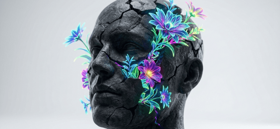 Eine aufbrechende Steinskulptur aus der leuchtendes Leben wächst, als Symbol für innere Blockaden lösen.