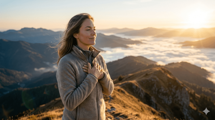 Eine fokussierte Person meditiert bei Sonnenaufgang an einem See – Symbol für Motivation durch Affirmationen.